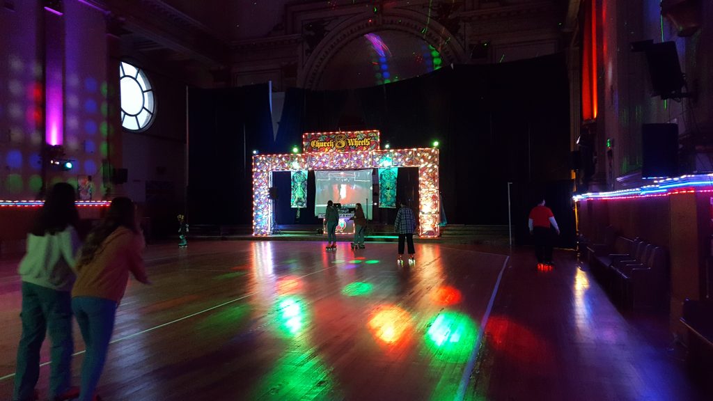 Church converted into a disco roller rink.