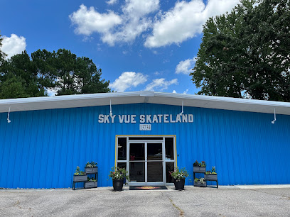 Sky-Vue Skateland roller skating rink, exteriror blue building.